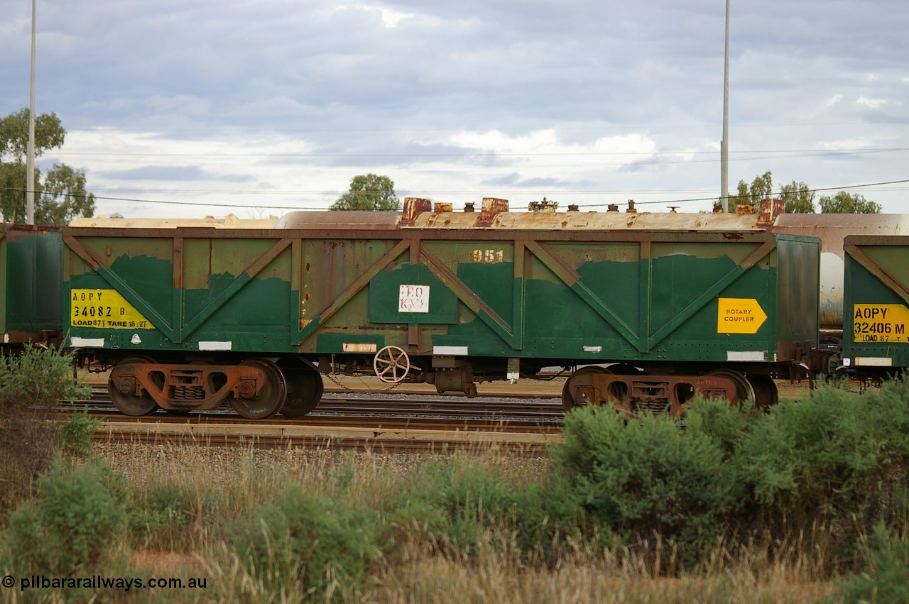 PD 12863
West Kalgoorlie, AOPY 34082 with fleet number 951, one of seventy ex ANR coal waggons rebuilt from AOKF type by Bluebird Engineering SA in service with ARG on Koolyanobbing iron ore trains. They used to be three metres longer and originally built by Metropolitan Cammell Britain as GB type in 1952-55, seen here in a rake with sister waggons.
Keywords: Peter-D-Image;AOPY-type;AOPY34082;Bluebird-Engineering-SA;Metropolitan-Cammell-Britain;GB-type;