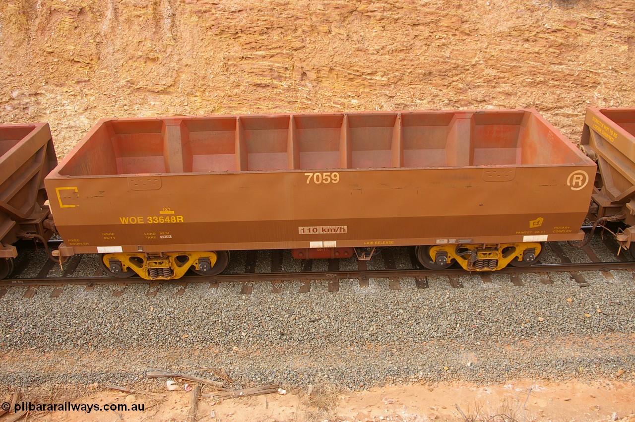 PD 9985
West Kalgoorlie, side view from above of UGL Rail built WOE type iron ore waggon WOE 33648, fleet number 7059.
Keywords: Peter-D-Image;WOE-type;WOE33648;UGL-Rail-WA;R0067-060;