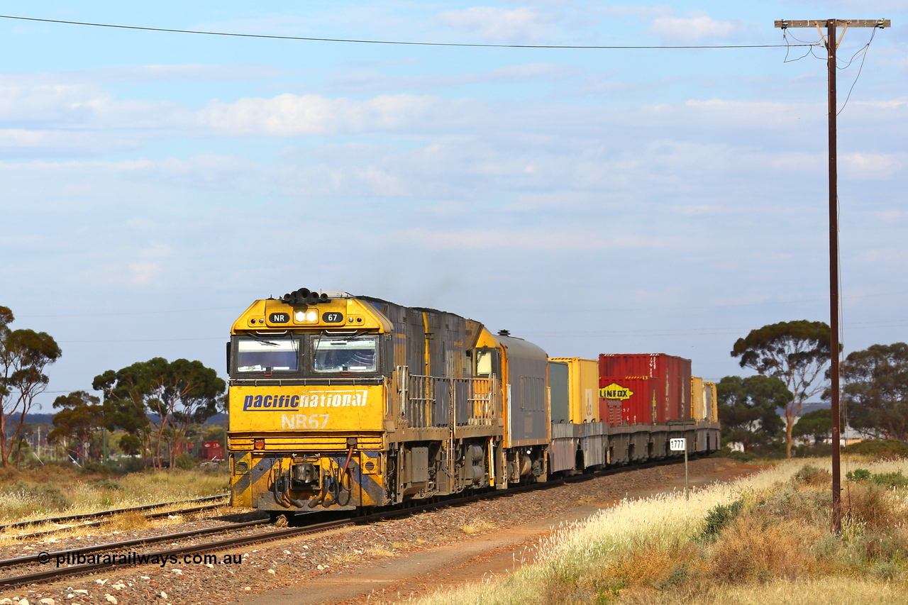 210407 9826
The 1777 km post at Parkeston with Pacific National's NR class unit NR 67 leading intermodal freight service 2MP5 with NR 88. NR 67 was built by Goninan WA for National Rail in 1996 and is a GE Cv40-9i model with serial number 7250-12 / 96-269. 7th of April 2021.
Keywords: NR-class;NR67;Goninan-WA;GE;Cv40-9i;7250-12/96-269;