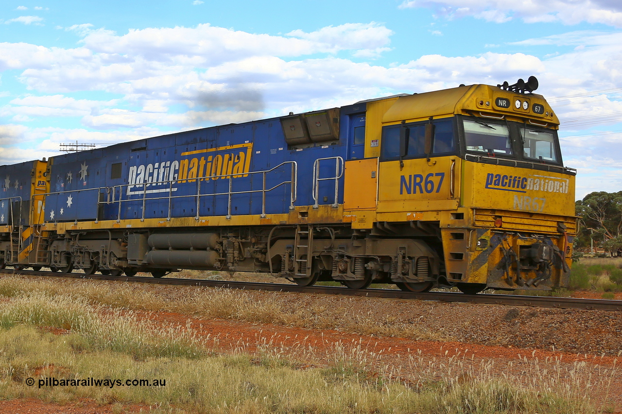 210407 9845
Parkeston, Pacific National's NR class unit NR 67 leads intermodal freight service 2MP5 as it heads for Kalgoorlie and ultimately Perth. NR 67 was built by Goninan WA for National Rail in 1996 and is a GE Cv40-9i model with serial number 7250-12 / 96-269. 7th of April 2021.
Keywords: NR-class;NR67;Goninan-WA;GE;Cv40-9i;7250-12/96-269;