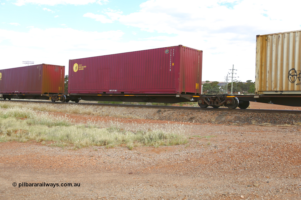 210407 9881
Parkeston, 2MP5 intermodal train, platform 4 of 5-pack low profile skel waggon set RRYY 13, one of fifty two such waggon sets built by Bradken at Braemar NSW in 2004-05, with a CARU Specialized Leasing 40' 4FG1 type container SLZU 750097.
Keywords: RRYY-type;RRYY13;Williams-Worley;Bradken-NSW;