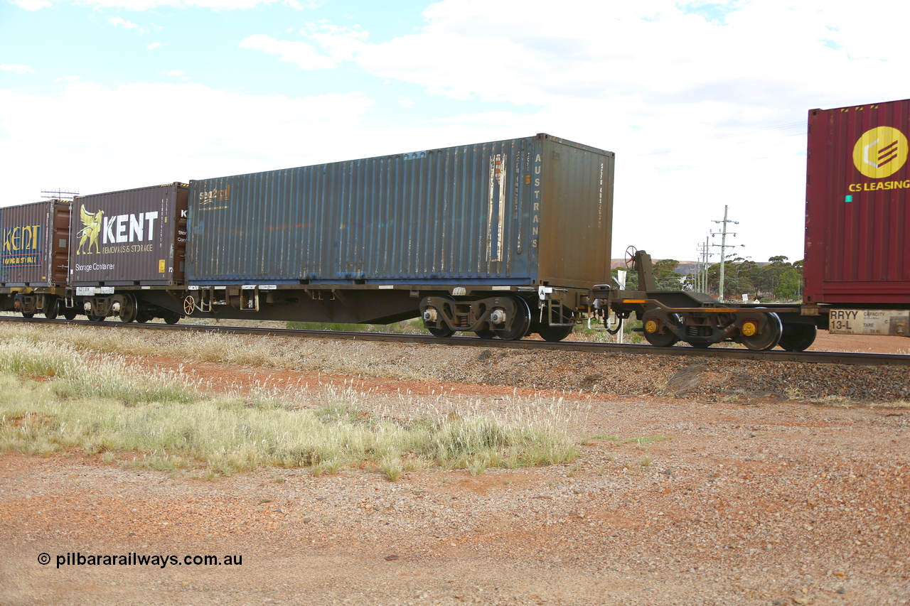 210407 9883
Parkeston, 2MP5 intermodal train, RQFY type flat waggon RQFY 90, originally built by Victorian Railways Bendigo Workshops in 1980 as part of a batch of seventy five VQFX type skeletal flats. Recoded to VQFY in 1985, then RQFY for National Rail in 1994. Loaded with a Sea2Rail SCF 40' 4EG1 type container for Austrans SCFU 408263 and a Kent Removals and Storage 20' 25G1 type container KENU 919295.
Keywords: RQFY-type;RQFY90;Victorian-Railways-Bendigo-WS;VQFX-type;VQFY-type;RQFF-type;