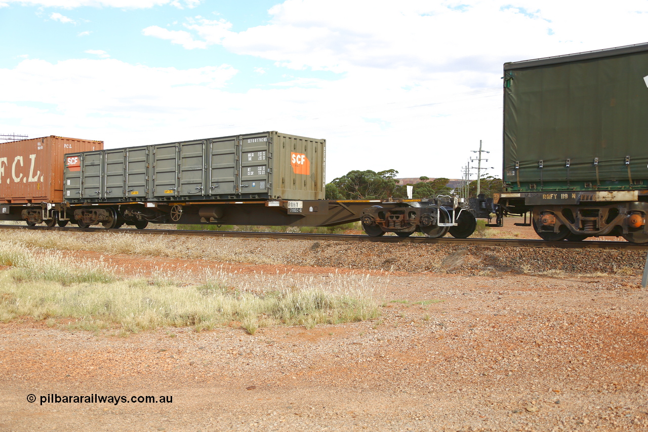 210407 9901
Parkeston, 2MP5 intermodal train, RQHY type 3 TEU container waggon RQHY 7002, built by Qiqihar Rollingstock Works in China as part of a seventy eight unit order in 2005/06 for Pacific National. Loaded with an SCF half height side door 40' container SCFU 617028.
Keywords: RQHY-type;RQHY7002;Qiqihar-Rollingstock-Works-China;