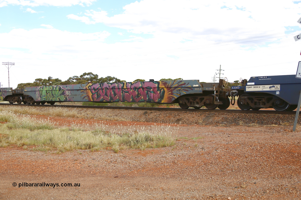 210407 9914
Parkeston, 2MP5 intermodal train, CQWY type well waggon CQWY 5035 well 2, the well waggon pairs were built by Bluebird Rail Operations SA in a batch of sixty pairs in 2008 for CFCLA.
Keywords: CQWY-type;CQWY5035;CFCLA;Bluebird-Rail-Operations-SA;