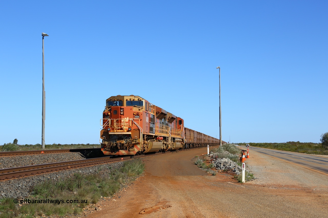 180615 1407
Bing Siding, BHP Billiton's Progress Rail built EMD model SD70ACe unit 4432 'Warlu' serial 20128866-001 leads a loaded towards the port. 15th June 2018.
Keywords: 4432;Progress-Rail-USA;EMD;SD70ACe;20128866-001;
