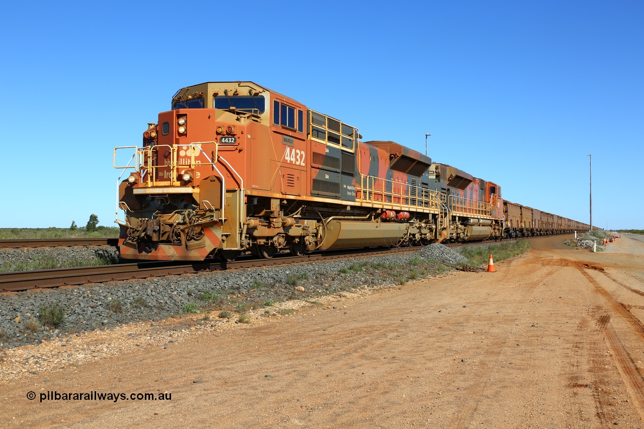 180615 1411
Bing Siding, BHP Billiton's Progress Rail built EMD model SD70ACe unit 4432 'Warlu' serial 20128866-001 leads a loaded towards the port. 15th June 2018.
Keywords: 4432;Progress-Rail-USA;EMD;SD70ACe;20128866-001;