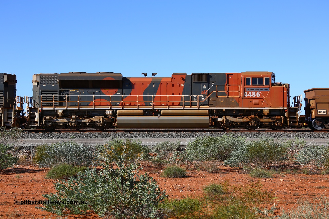 180615 1496
Mooka Yard, side view of named BHP's Progress Rail built EMD SD70ACe unit 4486 'Jenny Parkinson' serial 20148001-019. 15th June 2018.
Roland Depth photo.
Keywords: 4486;Progress-Rail-Muncie-USA;EMD;SD70ACe/LCi;20148001-019;