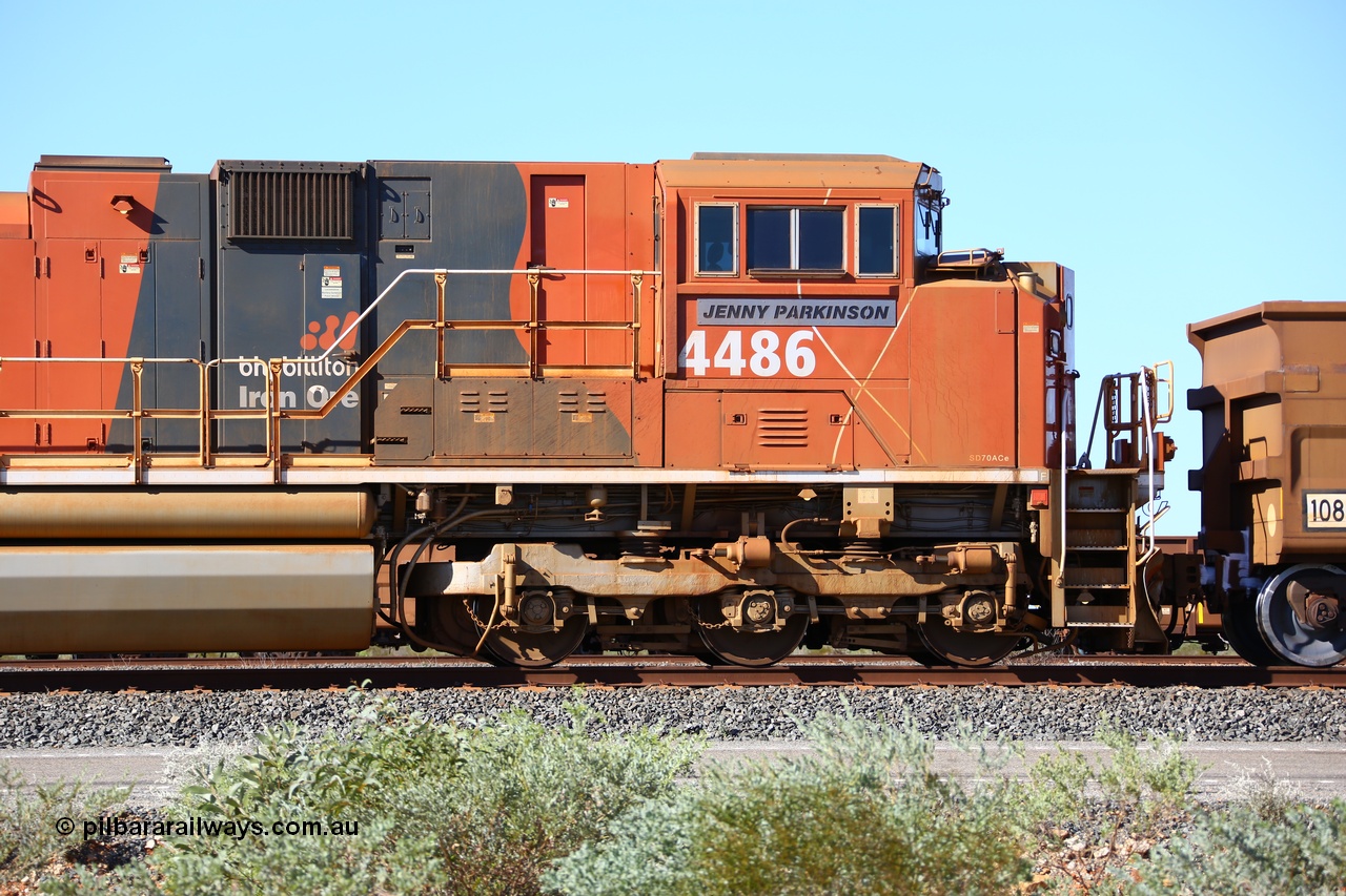 180615 1497
Mooka Yard, cab side of named BHP's Progress Rail built EMD SD70ACe unit 4486 'Jenny Parkinson' serial 20148001-019. 15th June 2018.
Roland Depth photo.
Keywords: 4486;Progress-Rail-Muncie-USA;EMD;SD70ACe/LCi;20148001-019;
