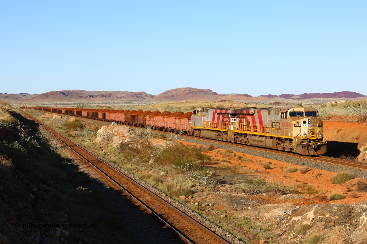 180616 1664
Cooya Pooya, 32 km on the Cape Lambert line, Rio Tinto loco 9103 with serial 61941 a GE Erie built GE model ES44ACi from the 1st order in Rio Tinto Stripes livery and 9108 serial 62539 are tied down on the West Mainline following a total loss of air. The train pulled a coupling around the 45 car position. 16th June 2018. [url=https://goo.gl/maps/ckyFypg4LAy]Geodata[/url]
Keywords: 9103;GE;ES44ACi;61941;Rio-Tinto-Stripes;