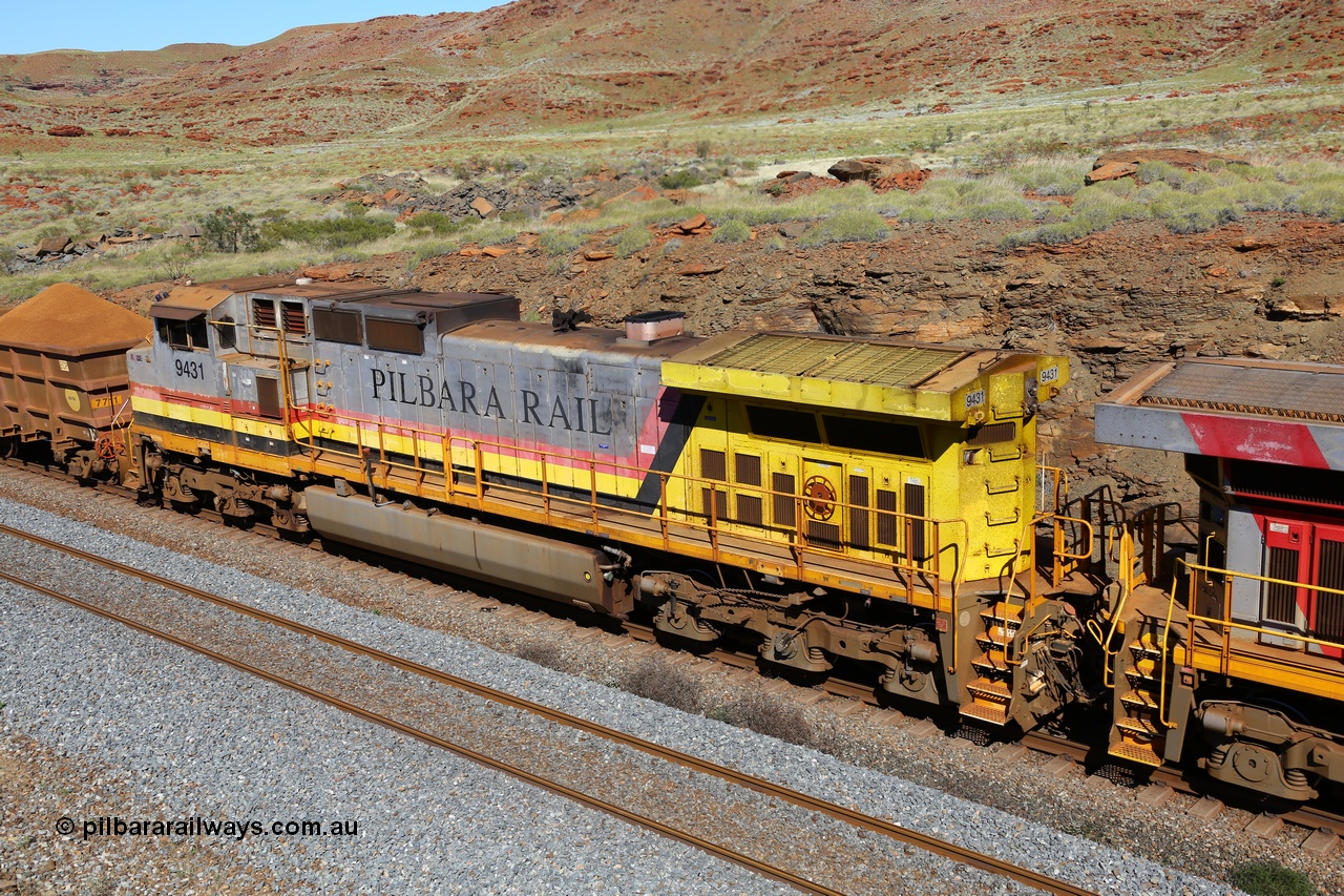 180616 1758
At the 81 km on the Tom Price West mainline, Rio Tinto loco 9431 with serial 54241 a GE Erie built GE model Dash 9-44CW from the 6th order in ROBE Pilbara Rail livery, this unit was from the sixth order of Dash 9-44CW units built at GE Erie in July 2003. 16th June 2018.
Keywords: 9431;GE;Dash-9-44CW;54241;ROBE-Pilbara-Rail;