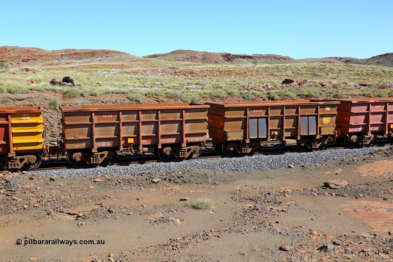 180616 1826
Emu Siding, Bradken NSW built S series ore waggon pair 1830 'master' and 6840 'slave' with HI ownership marks setup as an instrumented ore waggon pair, seen here in an empty train. 16th June 2018.
Keywords: 1830;6840;Bradken-NSW;S-series;