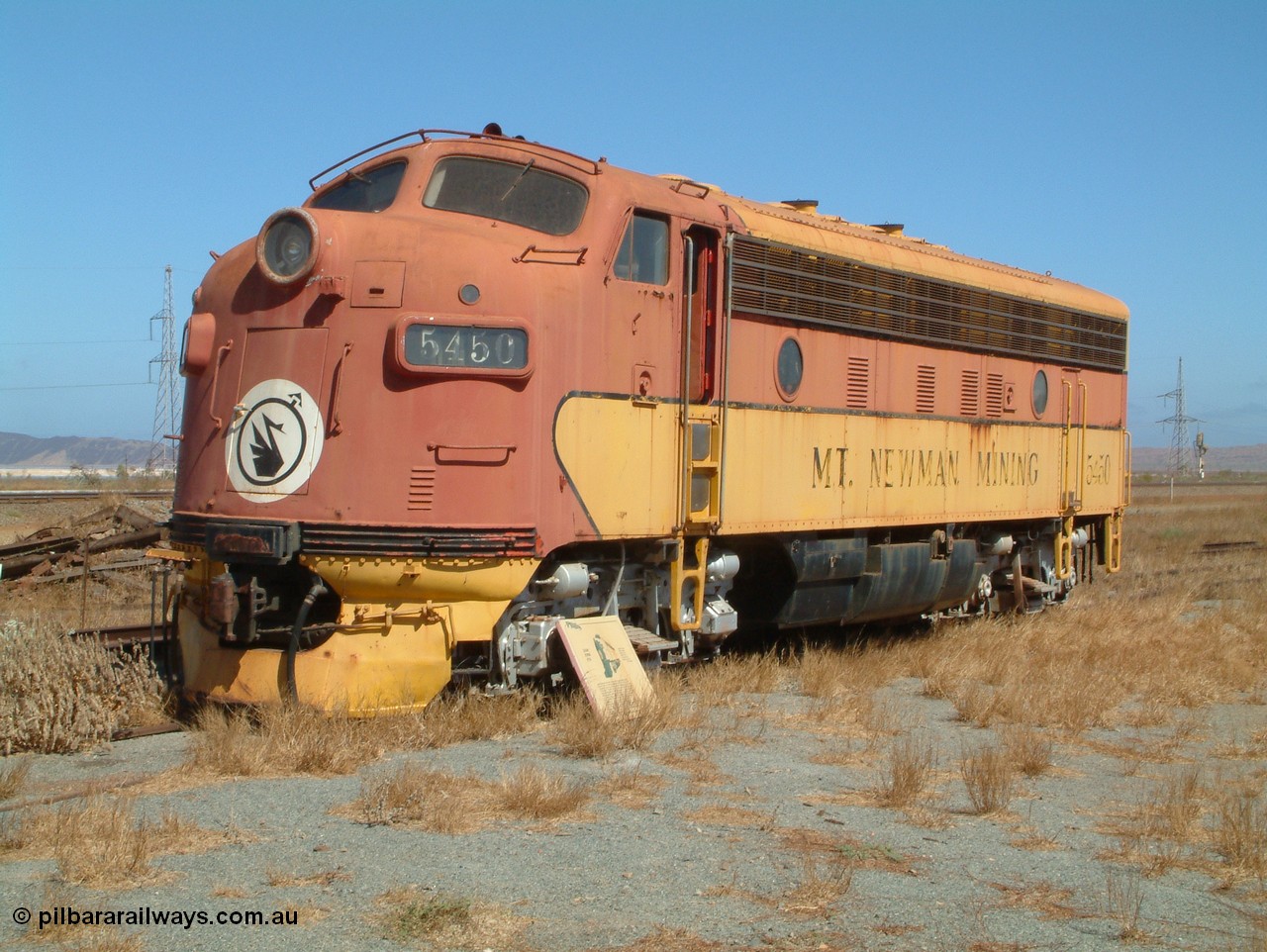 050109 092857
Pilbara Railways Historical Society, 5450 a USA built EMD model F7A serial 8970 and frame 3006-A9, built Jan-1950 for Western Pacific Railroad as 917-A, imported for the Mt Newman Mining Co. to construct their Port Hedland to Newman railway in December 1967. 9th October 2005.
Keywords: 5450;EMD;F7A;8970;917-A;3006-A9;