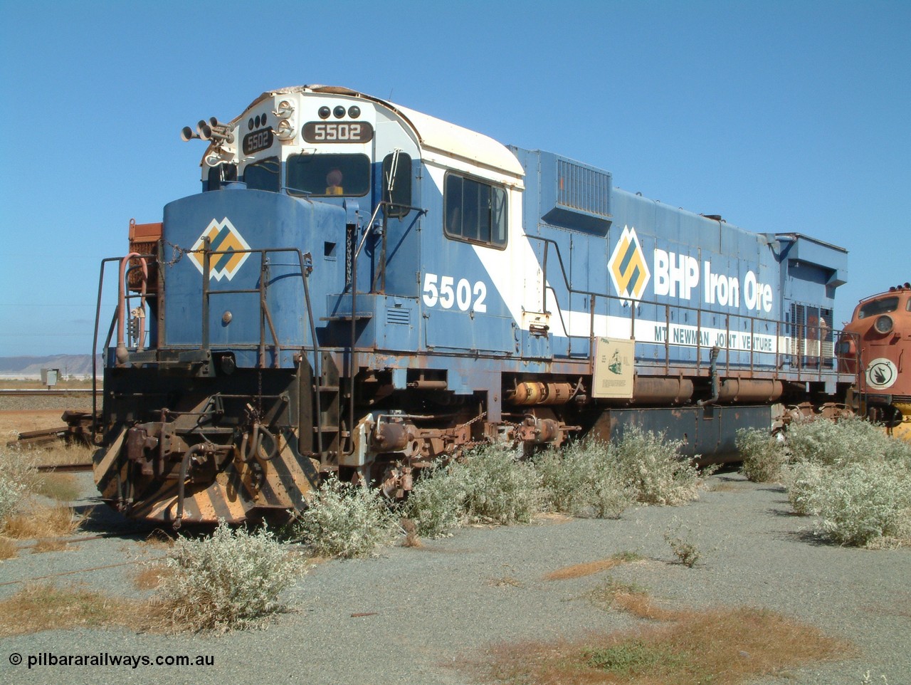 050109 092926
Pilbara Railways Historical Society, Australian built by Comeng NSW an MLW ALCo M636 unit formerly operated by Mt Newman Mining and BHP Iron Ore 5502 serial number C6096-7 built July 1976, retired in 1994 and donated to the Society in 1995. 9th October 2005.
Keywords: 5502;Comeng-NSW;MLW-ALCo;M636;C6096-7;