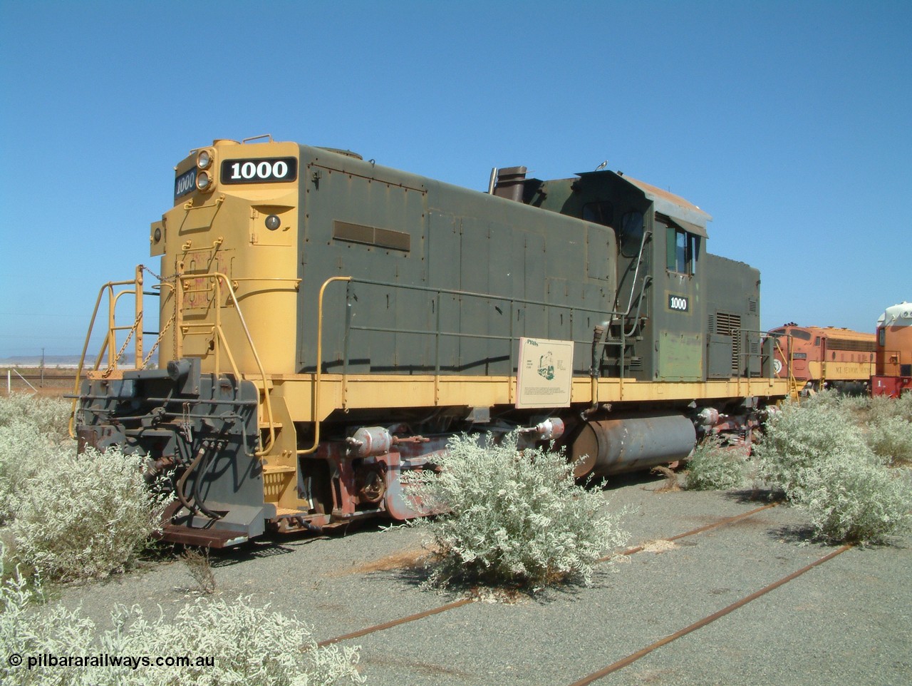 050109 093001
Pilbara Railways Historical Society, former ALCo built demonstrator locomotive model C-415 serial 3449-1 built Apr-1966, currently carrying number 1000, it was originally numbered 008 when Hamersley Iron purchased the unit in 1968. It was retired from service on the 24th February 1982. It then spent some time carrying number 2000 while building the Marandoo railway line from Sept 1991. 9th October 2005.
Keywords: 1000;ALCo;C-415;3449-1;008;2000;