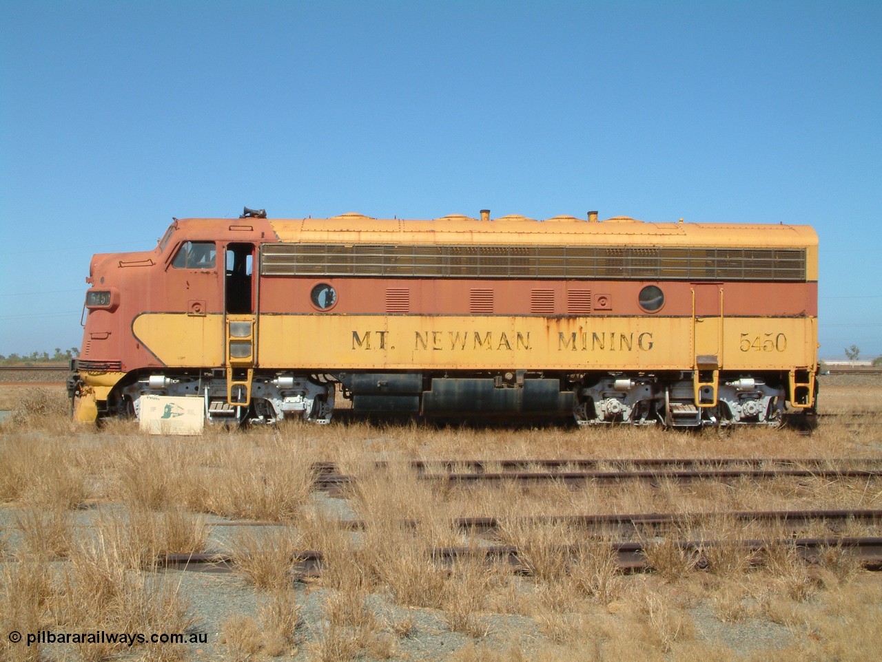050109 093234
Pilbara Railways Historical Society, side view of 5450, a USA built EMD model F7A locomotive serial 8970, frame 3006-A9 built Jan-1950 for Western Pacific Railroad as 917-A, imported for the Mt Newman Mining Co. to construct their Port Hedland to Newman railway in December 1967. 9th October 2005.
Keywords: 5450;EMD;F7A;8970;917-A;3006-A9;