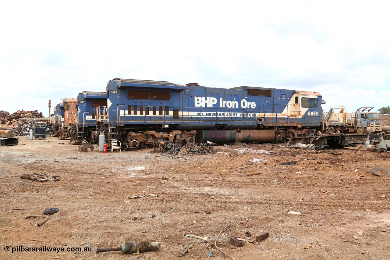 160128 00385
Wedgefield, Sims Metal yard, Goninan rebuild CM40-8M 5660 serial 8412-05/94-151 surrounded by remains and sibling units.
Keywords: 5660;Goninan;GE;CM40-8M;8412-05/94-151;rebuild;AE-Goodwin;ALCo;M636C;5478;G6047-10;