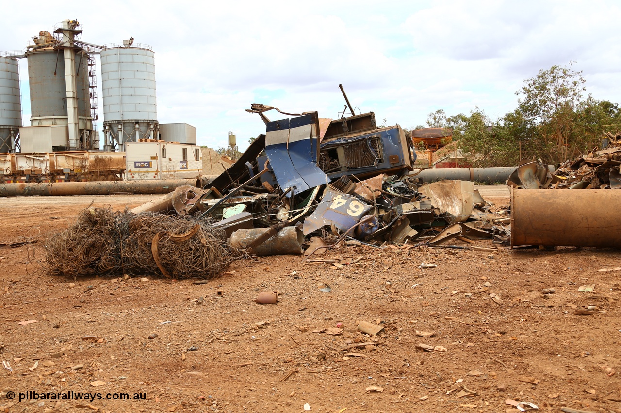 160128 00395
Wedgefield, Sims Metal yard, the remains of Goninan rebuild CM40-8ML (cabless, but cab fitted in 1996) 5664 serial 8412-09/94-155 hood and dynamic brake module.
Keywords: 5664;Goninan;GE;CM40-8ML;8412-09/94-155;rebuild;AE-Goodwin;ALCo;M636C;5469;G6047-1;