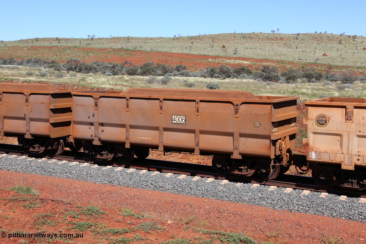 150505 7979
FMG Solomon Line, waggon 4006, tare weight of 22 tonnes, built in 2009 by CSR Yangtze Rolling Stock Co. Ltd, loaded with fines ore. Geodata: [url=https://goo.gl/maps/kUsNTBpDLFk] -22.0187350 118.5850917 [/url].
Keywords: CSR-Yangtze-Rolling-Stock-Co-China;