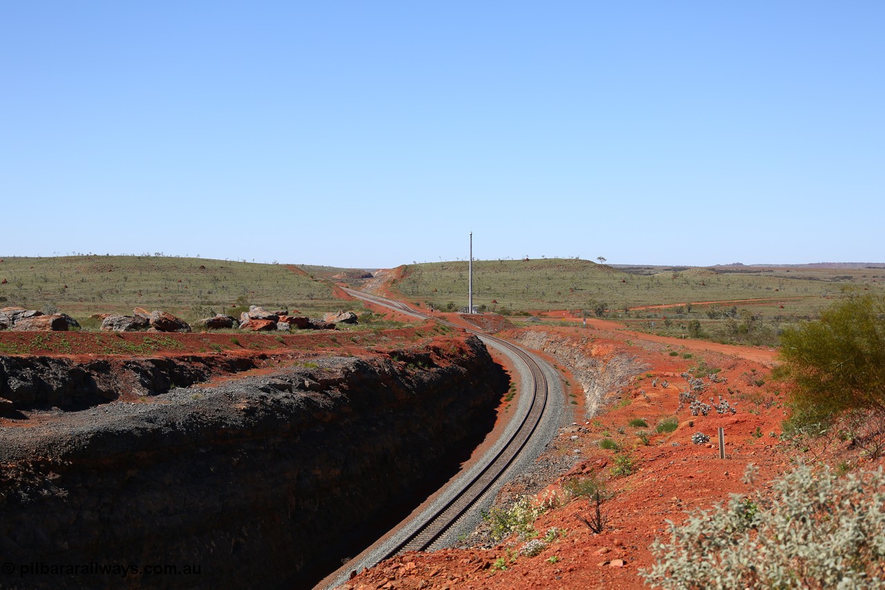 150505 8001
FMG Solomon Line, zoom view looking east from west of Bow Siding, loop can be seen right back to east end through cutting, an empty train in the arvo will work here! Geodata: [url=https://goo.gl/maps/j9gPs95LBGv] -22.0256300 118.4896100 [/url].
