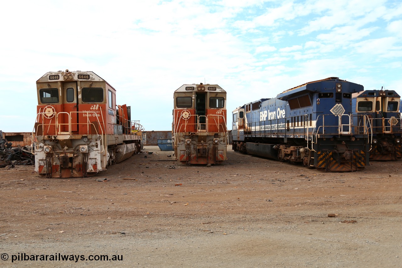 150522 8167
Wedgefield, Sims Metal yard, the first batch of BHP Billiton Dash 8 locos to be scrapped, 5646 serial 8244-11/92-135 and 5647 serial 8244-12/92-136 were a pair of new Goninan WA CM40-8 model built in 1992 with a Goninan ALCo rebuild 5657 beside them.
Keywords: 5646;Goninan;GE;CM40-8;8244-11/92-135;
