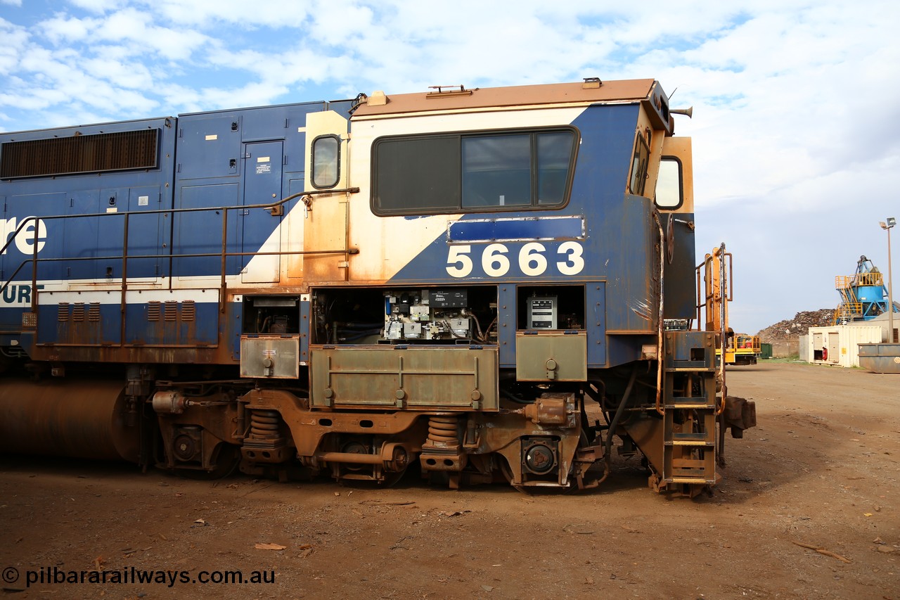 150522 8172
Wedgefield, Sims Metal yard, drivers side cab view with EPIC brake modules visible. Goninan WA rebuild CM40-8M unit 5663 serial 8412-08 / 94-154, this unit was rebuilt without a cab and this cab was later retrofitted, was originally AE Goodwin NSW built ALCo M636 unit 5476 serial C6087-8. Photo of the removed cab can be [url=http://pilbararailways.com.au/gallery/displayimage.php?pid=9261] seen here [/url].
Keywords: 5663;Goninan;GE;CM40-8ML;8412-08/94-154;rebuild;AE-Goodwin;ALCo;M636C;5476;G6047-8;