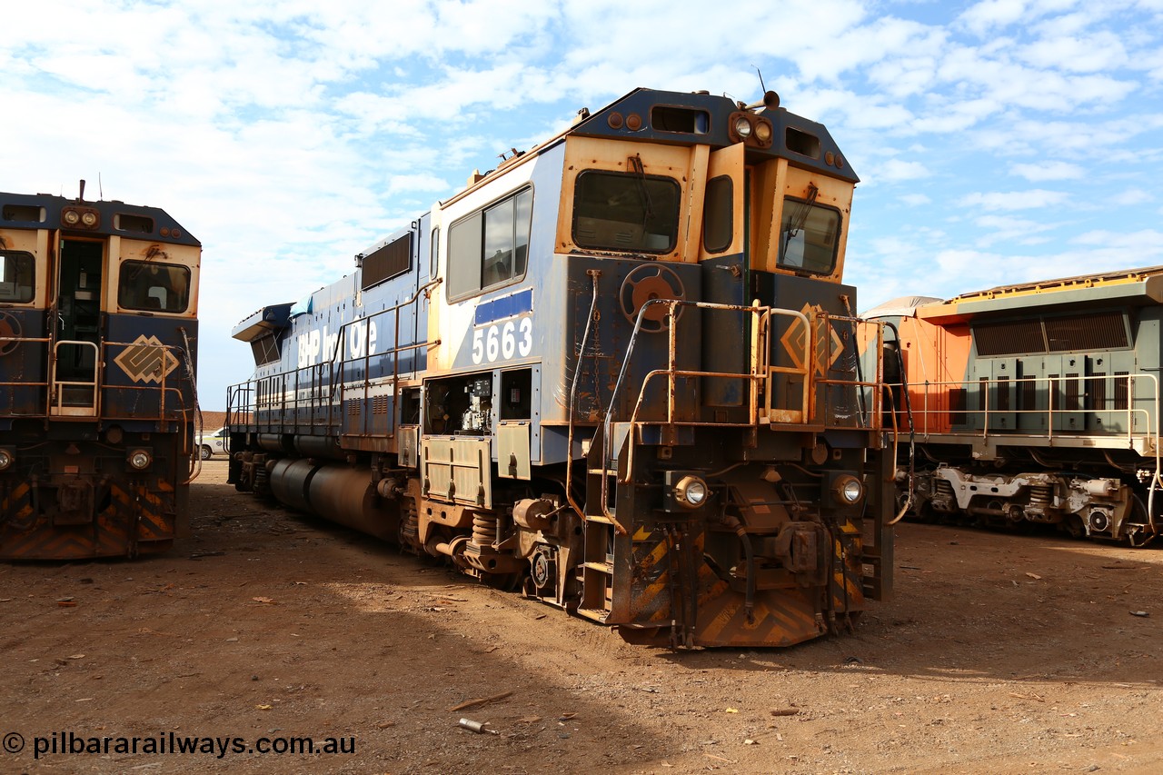 150522 8177
Wedgefield, Sims Metal yard, Goninan WA rebuild CM40-8M unit 5663 serial 8412-08 / 94-154, this unit was rebuilt without a cab and this cab was later retrofitted, was originally AE Goodwin NSW built ALCo M636 unit 5476 serial C6087-8. Photo of the removed cab can be [url=http://pilbararailways.com.au/gallery/displayimage.php?pid=9261] seen here [/url].
Keywords: 5663;Goninan;GE;CM40-8ML;8412-08/94-154;rebuild;AE-Goodwin;ALCo;M636C;5476;G6047-8;