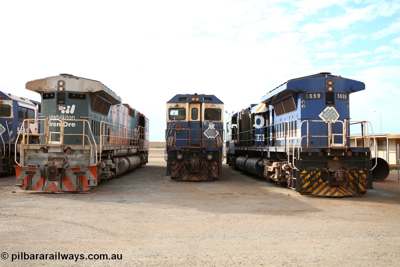 150522 8183
Wedgefield, Sims Metal yard, Goninan WA rebuild CM40-8M units 5638 serial 8281-02/92-127, 5640 serial 8281-05/92-129 and 5659 serial 8412-04/94-150, for full details of these units past lives [url=http://www.pilbararailways.com.au/bhp/loco/bhpb-roster.php] see here [/url].
Keywords: 5638;Goninan;GE;CM40-8M;8281-02/92-127;rebuild;AE-Goodwin;ALCo;C636;5464;G6035-5;