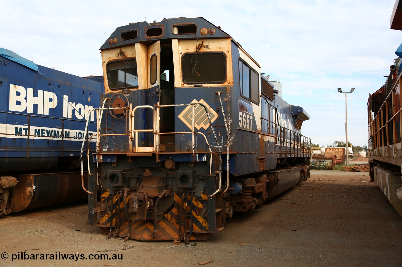 150522 8188
Wedgefield, Sims Metal yard, Goninan WA rebuild CM40-8M unit 5657 serial 8412-02/94-148 awaits the shears. Full details of this unit [url=http://www.pilbararailways.com.au/bhp/loco/bhpb-roster.php] can be seen here [/url].
Keywords: 5657;Goninan;GE;CM40-8M;8412-02/94-148;rebuild;Comeng-NSW;ALCo;M636C;5492;C6084-8;