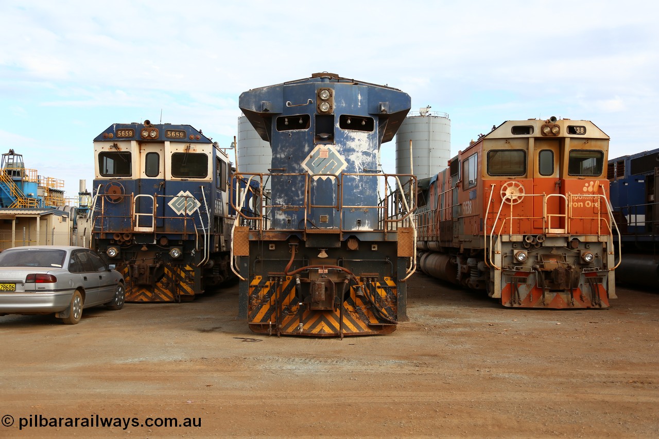 150522 8193
Wedgefield, Sims Metal yard, Goninan WA rebuild CM40-8M units 5659 serial 8412-04/94-150, 5640 serial no. 8281-05/92-129 and 5638 serial 8281-02/92-127 await the shears. Full details of these units [url=http://www.pilbararailways.com.au/bhp/loco/bhpb-roster.php] can be seen here [/url].
Keywords: 5659;Goninan;GE;CM40-8M;8412-04/94-150;rebuild;AE-Goodwin;ALCo;M636C;5483;G6061-4;