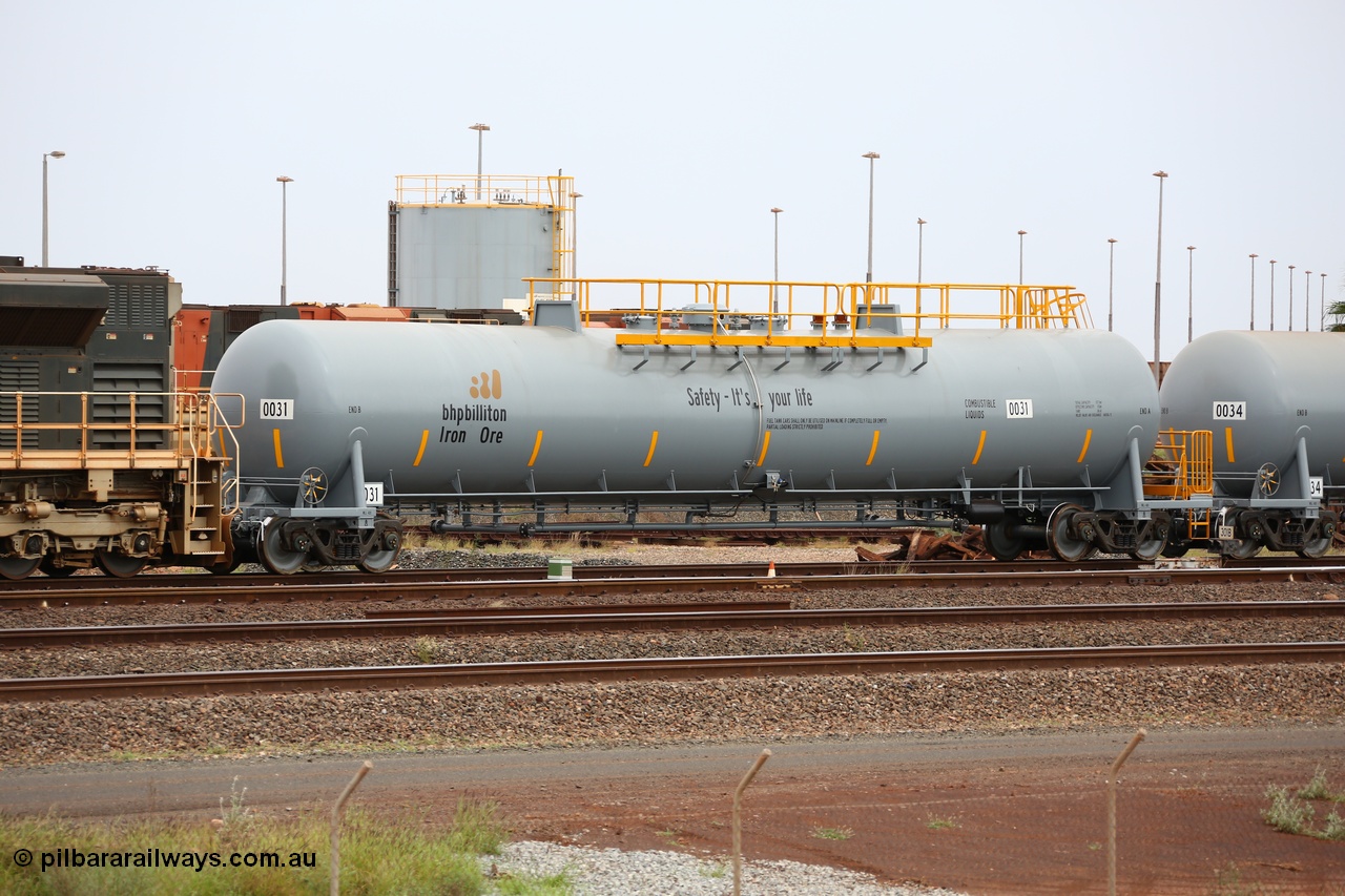 150523 8207
Nelson Point Yard, BHP Billiton diesel fuel tank waggon 0031 with safety slogan 'Safety - It's your life', total capacity of 117 m3 for a nominal capacity of 113 m3 built in China by CNR - QRRS.
Keywords: CNR-QRRS-China;BHP-tank-waggon;