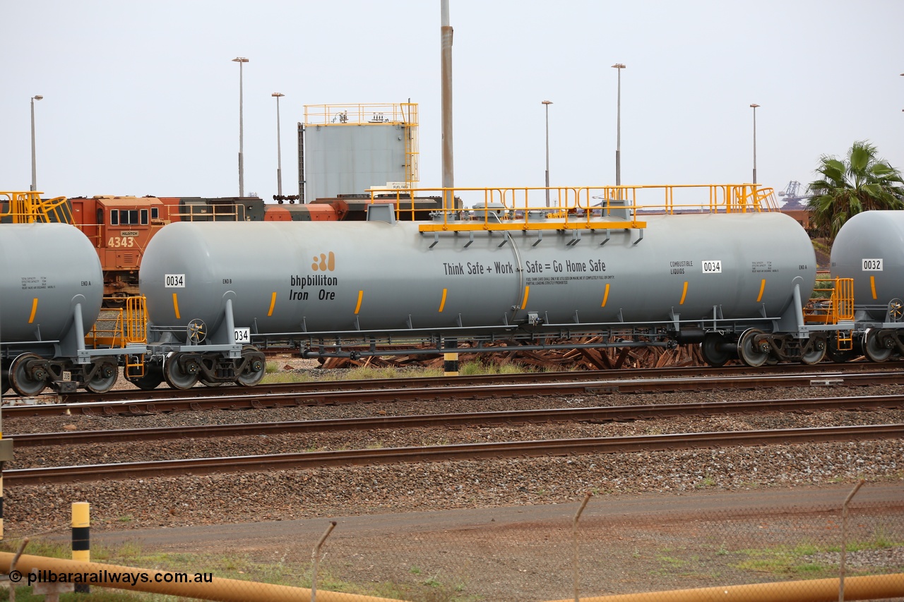 150523 8209
Nelson Point Yard, BHP Billiton diesel fuel tank waggon 0034 with safety slogan 'Thank Safe + Work Safe = Go Home Safe', total capacity of 117 m3 for a nominal capacity of 113 m3 built in China by CNR - QRRS.
Keywords: CNR-QRRS-China;BHP-tank-waggon;