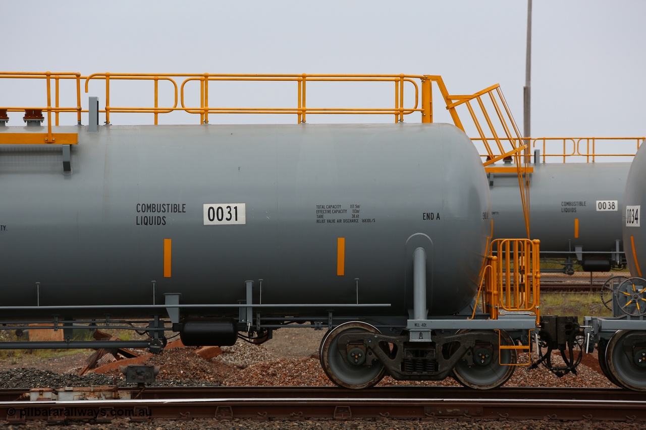 150523 8213
Nelson Point Yard, BHP Billiton diesel fuel tank waggon 0031, view of A End, tare of 38.6 tonnes, total capacity of 117 m3 for a nominal capacity of 113 m3 built in China by CNR - QRRS.
Keywords: CNR-QRRS-China;BHP-tank-waggon;