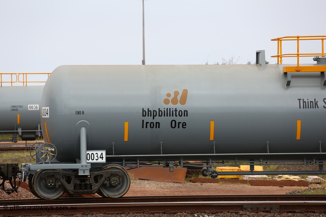 150523 8214
Nelson Point Yard, BHP Billiton diesel fuel tank waggon 0034, view of B End, built in China by CNR - QRRS.
Keywords: CNR-QRRS-China;BHP-tank-waggon;