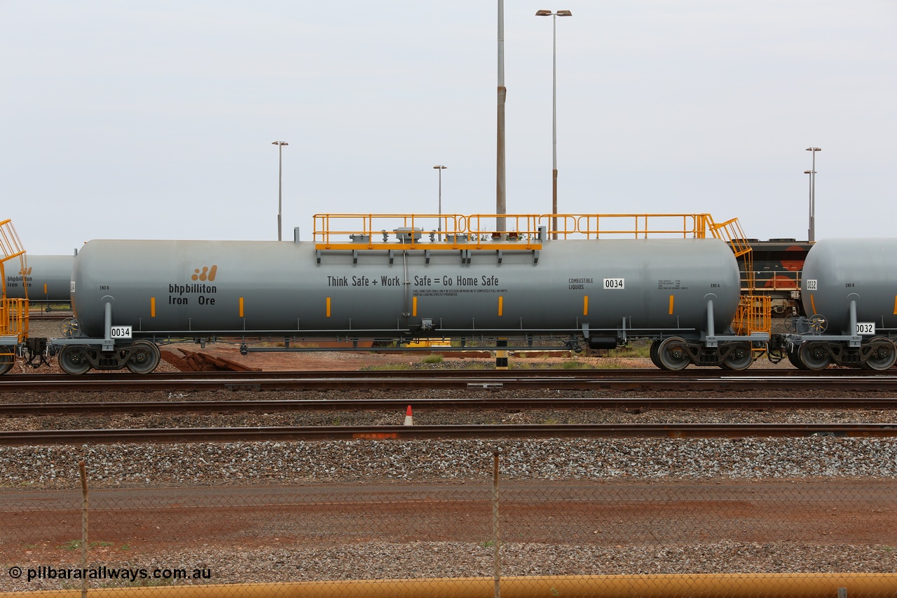 150523 8215
Nelson Point Yard, BHP Billiton diesel fuel tank waggon 0034 with safety slogan 'Thank Safe + Work Safe = Go Home Safe', total capacity of 117 m3 for a nominal capacity of 113 m3 built in China by CNR - QRRS.
Keywords: CNR-QRRS-China;BHP-tank-waggon;