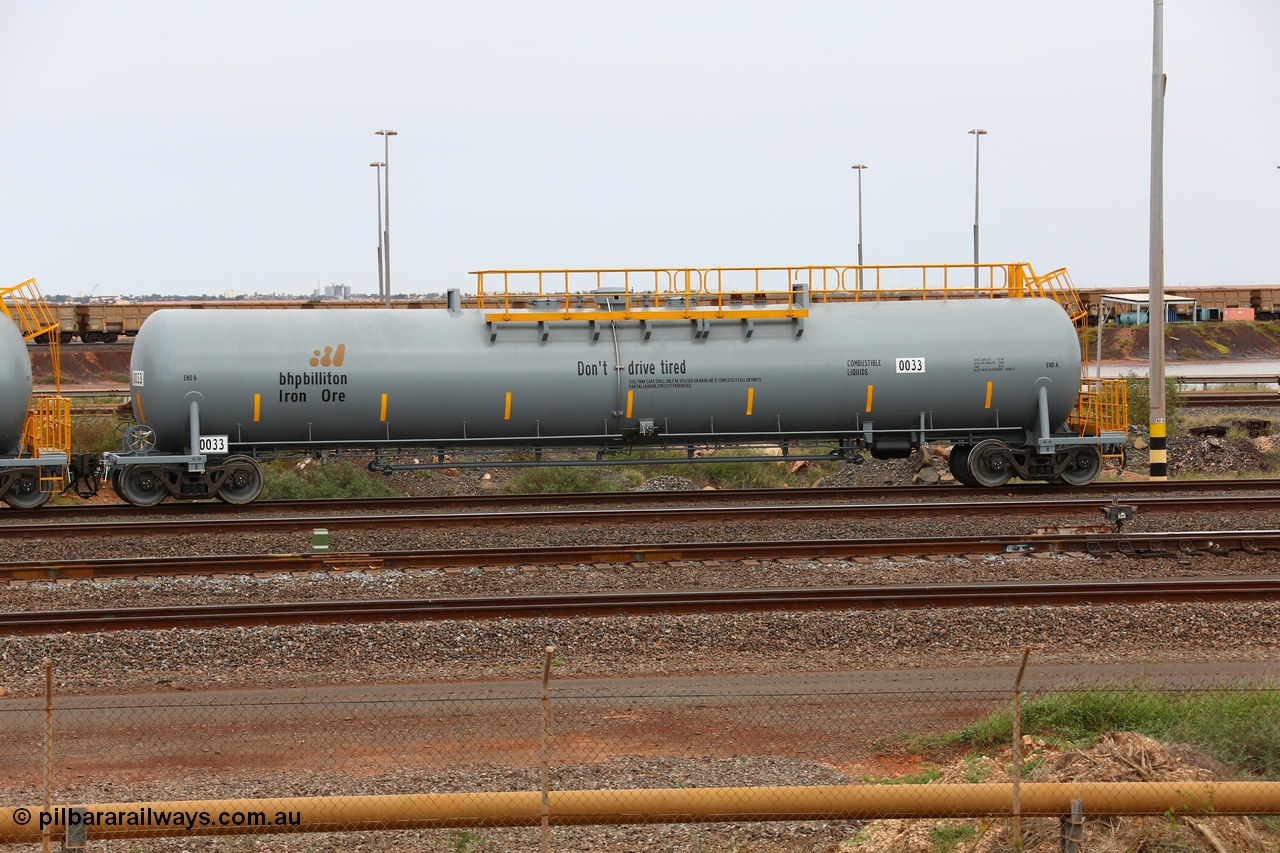 150523 8224
Nelson Point Yard, BHP Billiton diesel fuel tank waggon 0033 with safety slogan 'Don't drive tired', total capacity of 117 m3 for a nominal capacity of 113 m3 built in China by CNR - QRRS.
Keywords: CNR-QRRS-China;BHP-tank-waggon;