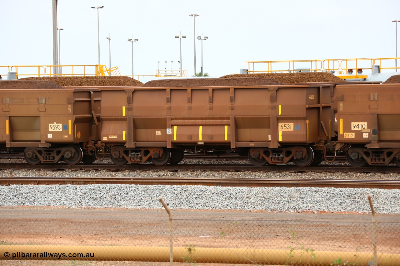 150523 8244
Nelson Point Yard, loaded ore waggon 6531, a Golynx style waggon built by Goninan in 2007 with asset number of 2038898 out of 5Cr12Ti stainless steel which does away with the need to paint the waggon interiors to prevent wear.
Keywords: Goninan-WA;Golynx;BHP-ore-waggon;
