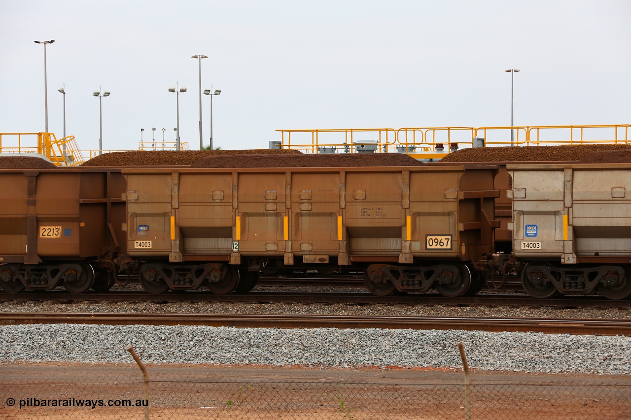 150523 8247
Nelson Point Yard, loaded ore waggon 0967, a CNR built QRRS style waggon built in 2012 out of T4003 stainless steel which does away with the need to paint the waggon interiors to prevent wear. The white circle around the corner from the number indicates the rotary coupler end, the number for this waggon also indicates it is filling a gap in the original waggon numbers. Capacity 138.4 T, Tare 21.6 T and Volume 62 m3.
Keywords: CNR-QRRS-China;BHP-ore-waggon;