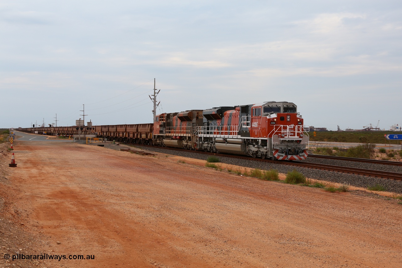 150523 8253
Finucane Island, empty train heading back to Boodarie behind new Progress Rail EMD SD70ACe unit 4486 serial 20148001-019 and an older sibling 4459 serial 20138907-010. Geodata: [url=https://goo.gl/maps/tmYX8NX5dum] -20.3366783 118.5496817 [/url].
Keywords: 4486;Progress-Rail-Muncie-USA;EMD;SD70ACe/LCi;20148001-019;