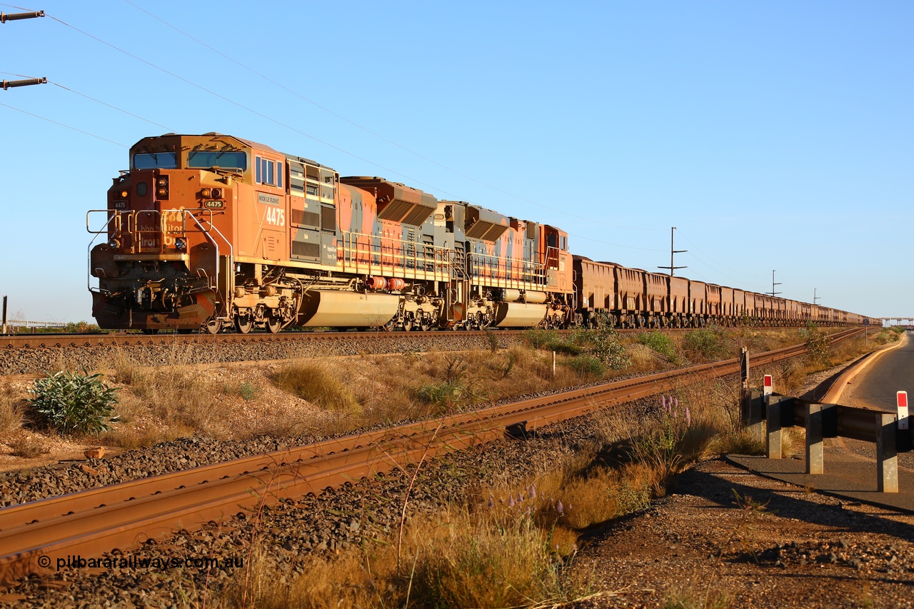 170726 9445
Finucane Island, sitting on the CD4 road, a loaded BHP iron ore train behind Progress Rail Muncie USA built SD70ACe/LCi unit 4475 'Mick Le Flohic' serial 20148001-008 with a sister unit as they await entry into he car dumper to unload. 26th July 2017.
Keywords: 4475;Progress-Rail-Muncie-USA;EMD;SD70ACe;20148001-008;
