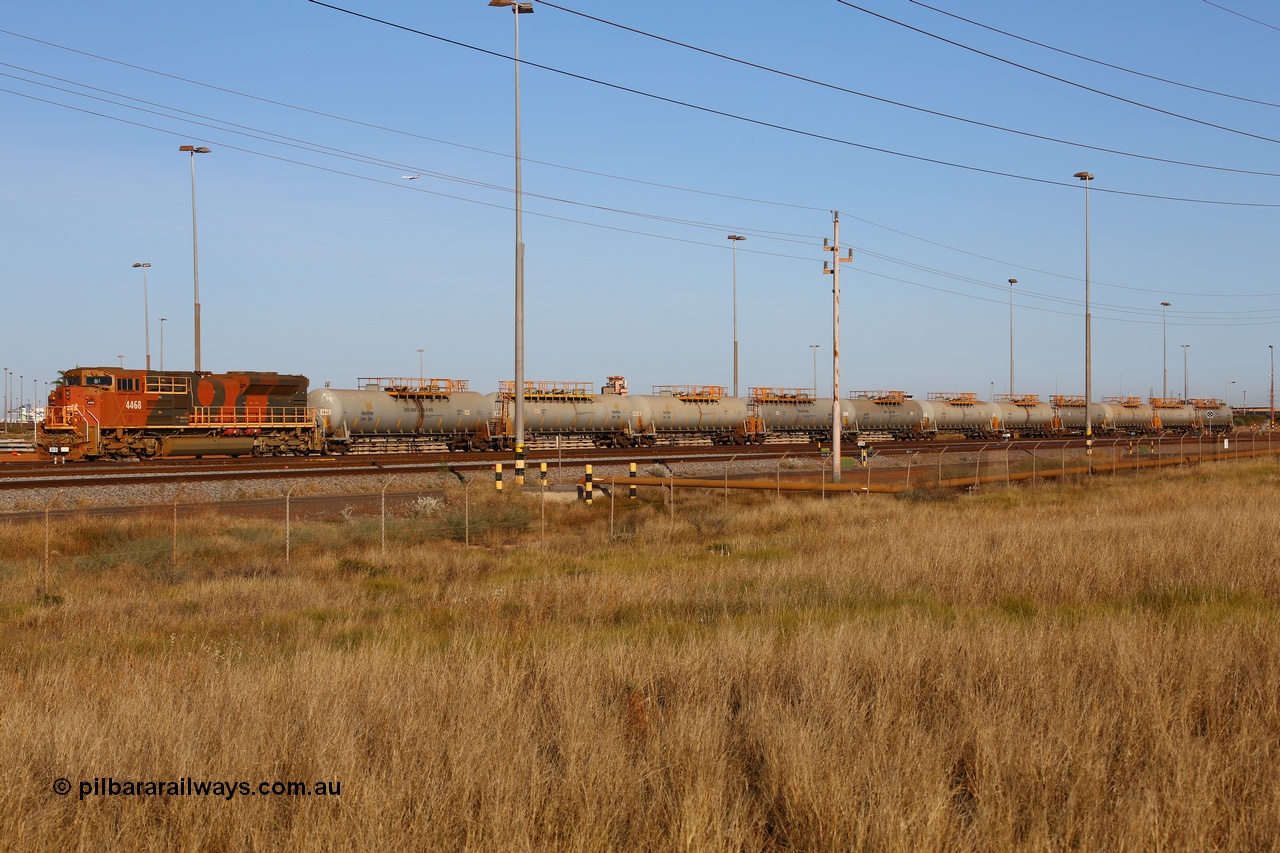 170727 9516
Nelson Point, BHP empty fuel train sits in the middle yard waiting to shunt the waggons across to the gantry to be reloaded for their next run to the mine, behind Progress Rail Muncie USA built EMD unit SD70ACe/LCi 4468 serial 20148001-001 and eleven 100,000 litre tank waggons. 27th July 2017.
Keywords: 4468;Progress-Rail-Muncie-USA;EMD;SD70ACe/LCi;20148001-001;