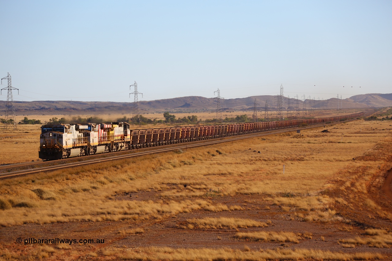 170728 09697
Arches Siding on the Robe line sees empty train behind Rio Tinto 8109 serial 58005 a General Electric built ES44DCi unit with sister 8178 in Rio stripes and stablemate 9433 on approach to the 25 km grade crossing. 28th July 2017. [url=https://goo.gl/maps/qv4eMQ6AbbT2]GeoData[/url].
Keywords: 8109;GE;ES44DCi;58005;