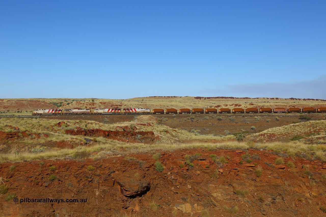 170728 09906
Western Creek, the disabled Mesa A train gets underway with relief power from General Electric built ES44DCi unit 8137 serial 59140 and Dash 9-44CW unit 7082 as the operate the train with the two ES44ACi units isolated. 28th July 2017. [url=https://goo.gl/maps/vvUWXEgppNM2]GeoData[/url].
Keywords: 8137;GE;ES44DCi;59140;