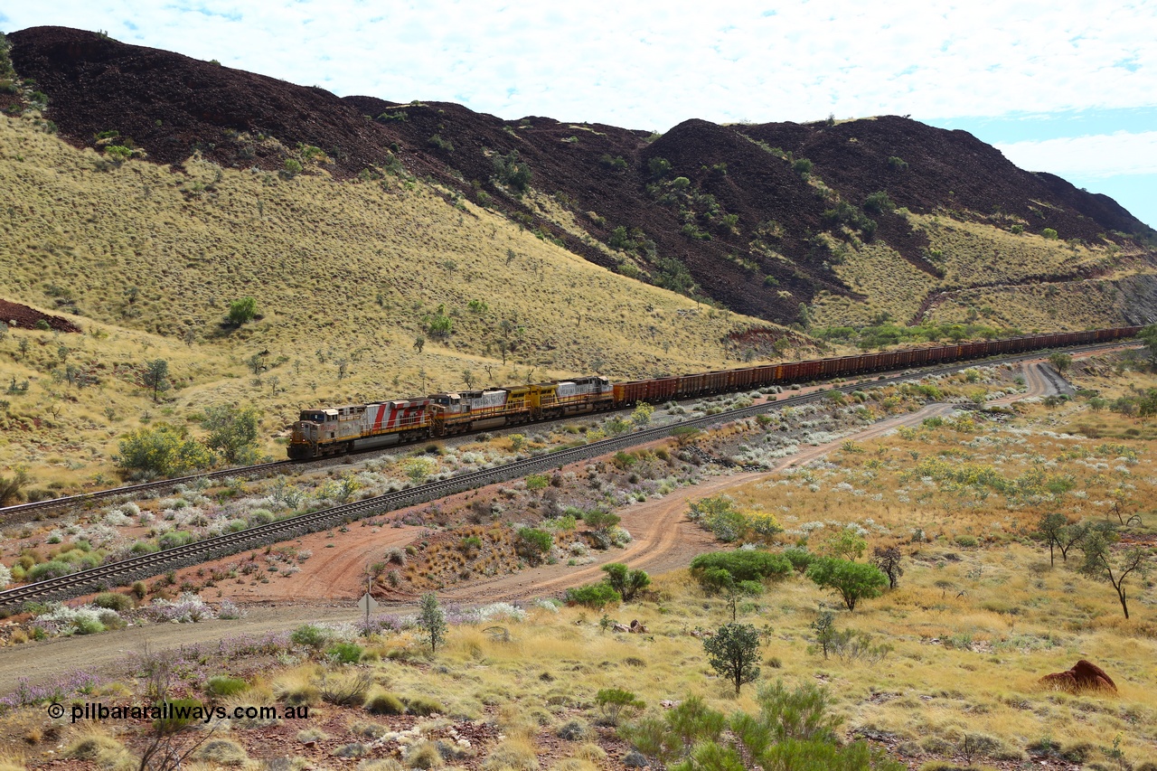170729 0135
Green Pool, an empty Rio Tinto iron ore train runs along the Lyndon River behind General Electric built ES44DCi unit 8184 serial 60782 and a pair of Pilbara Iron liveried with HI reporting marks General Electric built Dash 9-44CW units 7045 and 7049. 29th July 2017. [url=https://goo.gl/maps/WgjGi8LaftF2]GeoData[/url].
Keywords: 8184;GE;ES44DCi;60782;