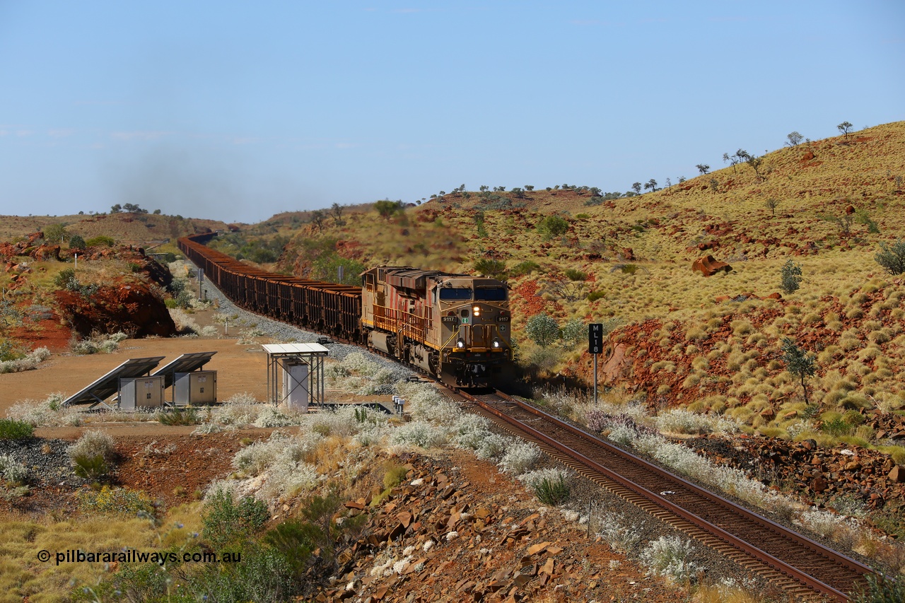 170729 0303
Maitland Siding on the former Robe River line an empty Mesa A bound train behind the standard Rio Tinto motive power for this line, double General Electric built ES44ACi units, 9117 serial 63830 and sister unit 9115 pull out of the passing siding and onto the mainline. 29th July 2017. [url=https://goo.gl/maps/CNgRRqCioHp]GeoData[/url].
Keywords: 9117;GE;ES44ACi;63830;