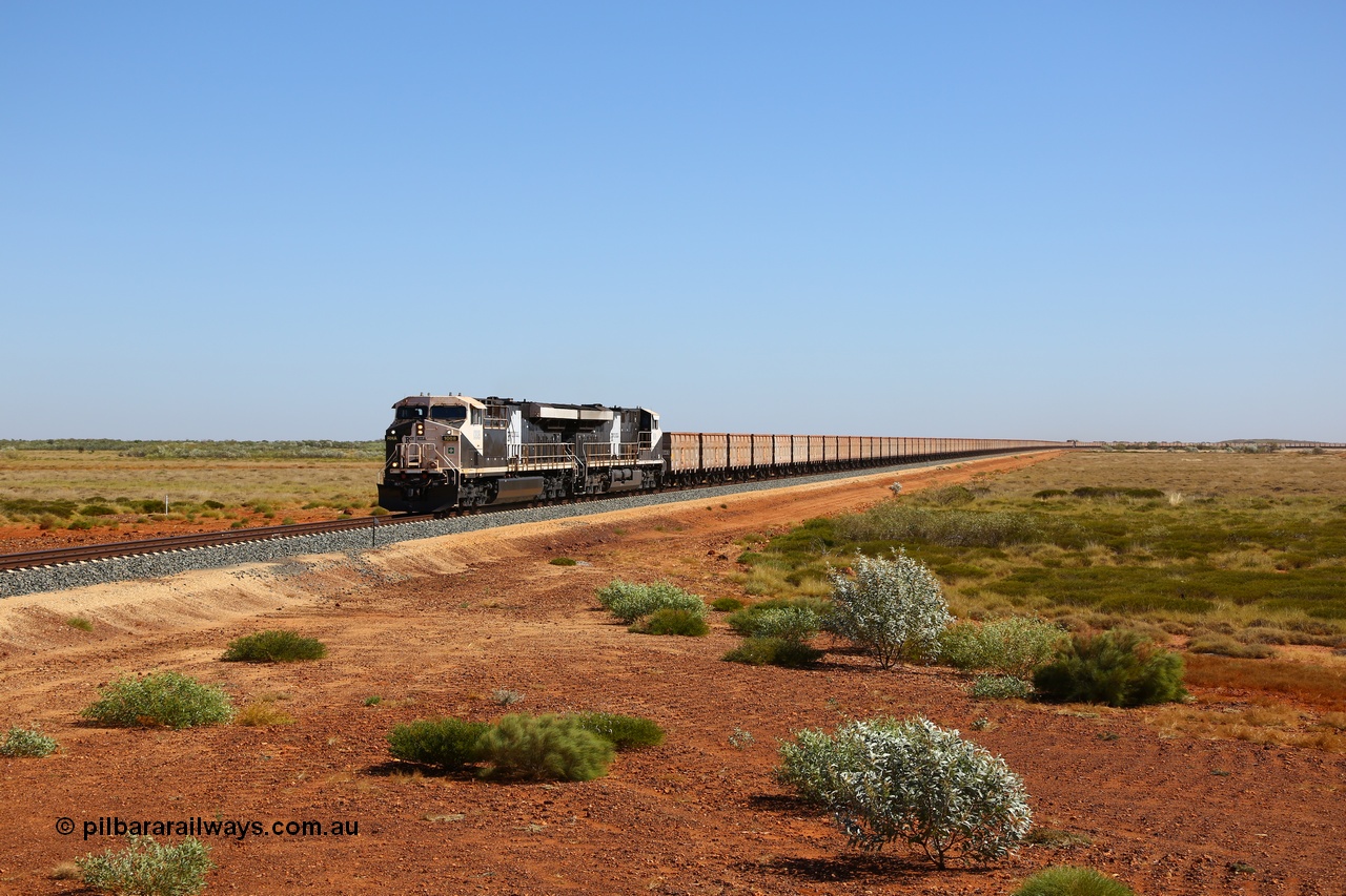 170730 0490
Indee, an empty Roy Hill train rounds the curve at the Indee Rd grade crossing at the 53.3 km behind General Electric built double ES44ACi units RHA 1008 serial 62580 and RHA 1018 and 112 waggons, then the mid-train unit and then another 112 waggons. 30th July 2017. [url=https://goo.gl/maps/2CQfE4RUoWn]GeoData[/url].
Keywords: RHA-class;RHA1008;GE;ES44ACi;62580;