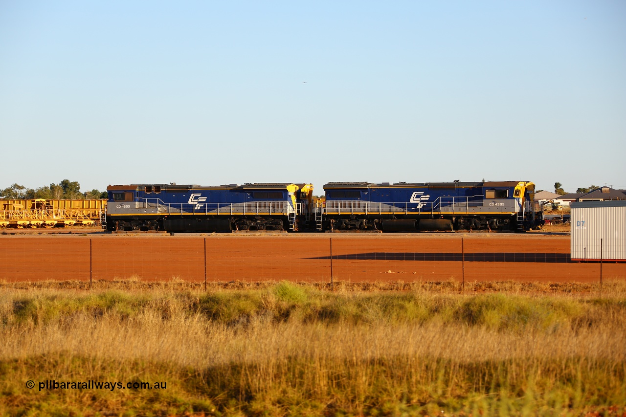 170730 0701
Pippingarra, out near the speedway CFCLA CD class lease units sit stored in between hire jobs in a lay down / hardstand yard. CD 4303 and CD 4305 with CD 4302 and CD 4301 behind them. 30th July 2017. [url=https://goo.gl/maps/w9JxeZYZ4j32]GeoData[/url].
Keywords: CD-class;CD4305;CFCLA;Goninan;GE;CM40-8M;8109-3/91-119;9420;rebuild;ALCo;Schenectady-NY;C630;C+O2103;3486-4;
