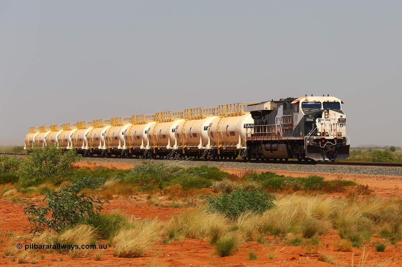 170915 0705
Great Northern Highway 18.2 km grade crossing, empty Roy Hill fuel train powers along bound for Tad Yard with General Electric built ES44ACi unit RHA 1019 serial 64300 leading eleven of Roy Hill's twelve tank waggons. 15th September 2017. [url=https://goo.gl/maps/DR61N4rDVZy]View map here[/url].
Keywords: RHA-class;RHA1019;GE;ES44ACi;64300;
