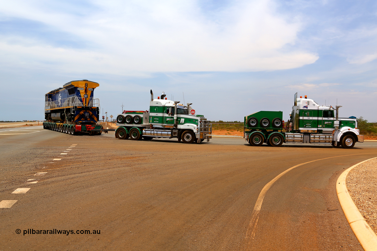 171204 0988r
Great Northern Highway, Roy Hill Access Road, CFCLA's Goninan ALCo to GE rebuild CM40-8M locomotive CD 4302, originally Robe River Comeng NSW built ALCo M636 serial C6103-1 #9421, rebuilt by Goninan in 1993 with serial 8297-2 / 93-137 then to CFCLA in 2012, is being hired by Roy Hill and being delivered to their flash butt yard by Doolan's Heavy Haulage 4th December 2017. [url=https://goo.gl/maps/Ne7rx2D5Em52]View map here[/url].
Keywords: CD-class;CD4302;CFCLA;Goninan;GE;CM40-8M;8297-2/93-137;rebuild;Comeng-NSW;ALCo;M636;9421;C6103-1;