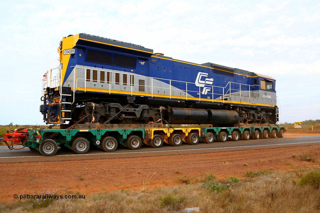 171204 1045r
Great Northern Highway, Twelve Mile Creek Rd CFCLA's Goninan ALCo to GE rebuild CM40-8M locomotive CD 4305 serial 8109-3/91-119 was originally Chesapeake & Ohio (USA) ALCo C630 serial 3486-4 #2103, then Robe River unit 9420 before going to CFCLA in 2012. Being transported to Roy Hill's flash butt yard by Doolan's Heavy Haulage. 4th December 2017. [url=https://goo.gl/maps/DSDSuorCwto]View map here[/url].
Keywords: CD-class;CD4305;CFCLA;Goninan;GE;CM40-8M;8109-3/91-119;9420;rebuild;ALCo;Schenectady-NY;C630;C+O2103;3486-4;