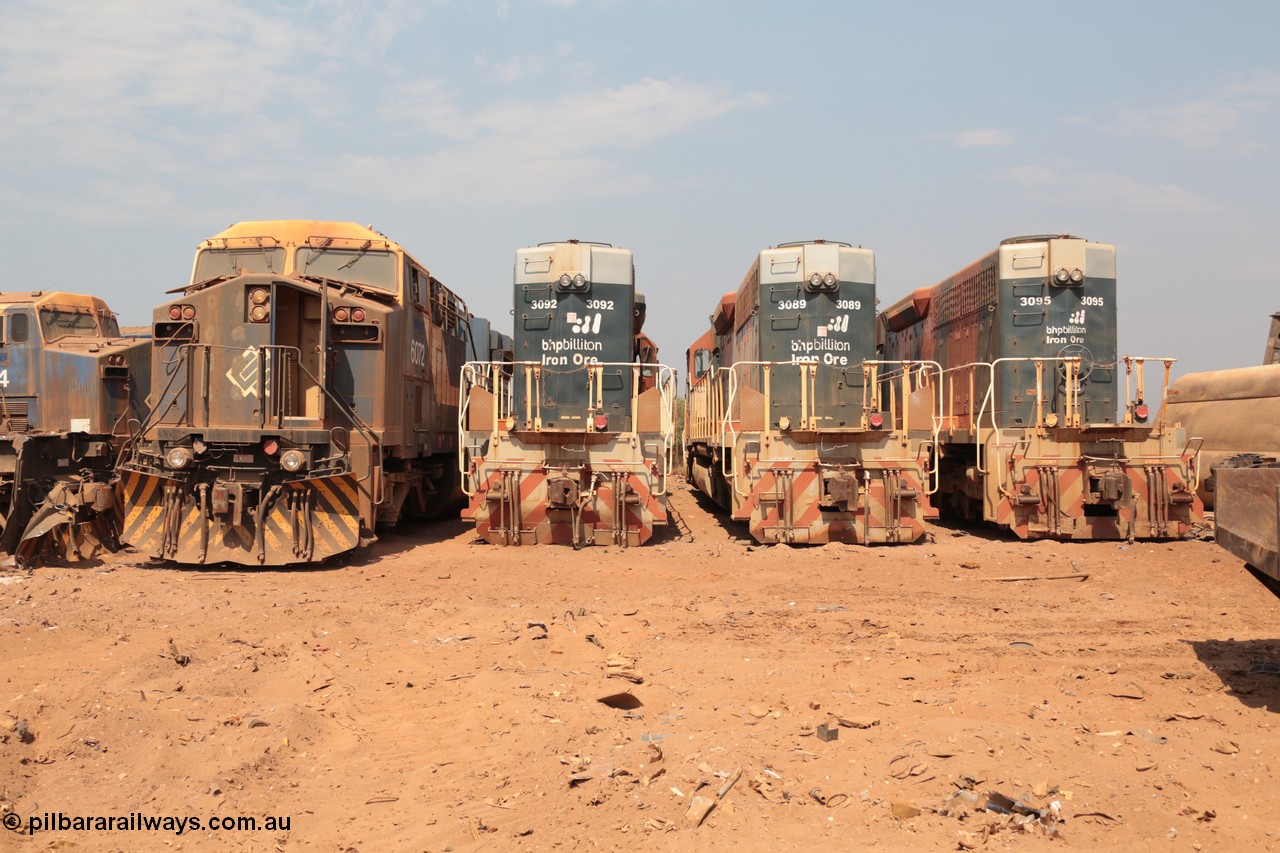 141027 5867
Wedgefield, Sell and Parker's metal recycling yard, line up of units awaiting their fate, General Electric AC6000 unit 6072 serial 51064 and EMD SD40R units 3092 serial 31498 / 7861-8, 3089 serial 31512 / 7861-22 and 3095 serial 33677 / 7083-7.
Keywords: S+P;6072;GE;AC6000;51064;EMD;SD40R;3092;31498/7861-8;3089;31512/7861-22;3095;33677/7083-7;